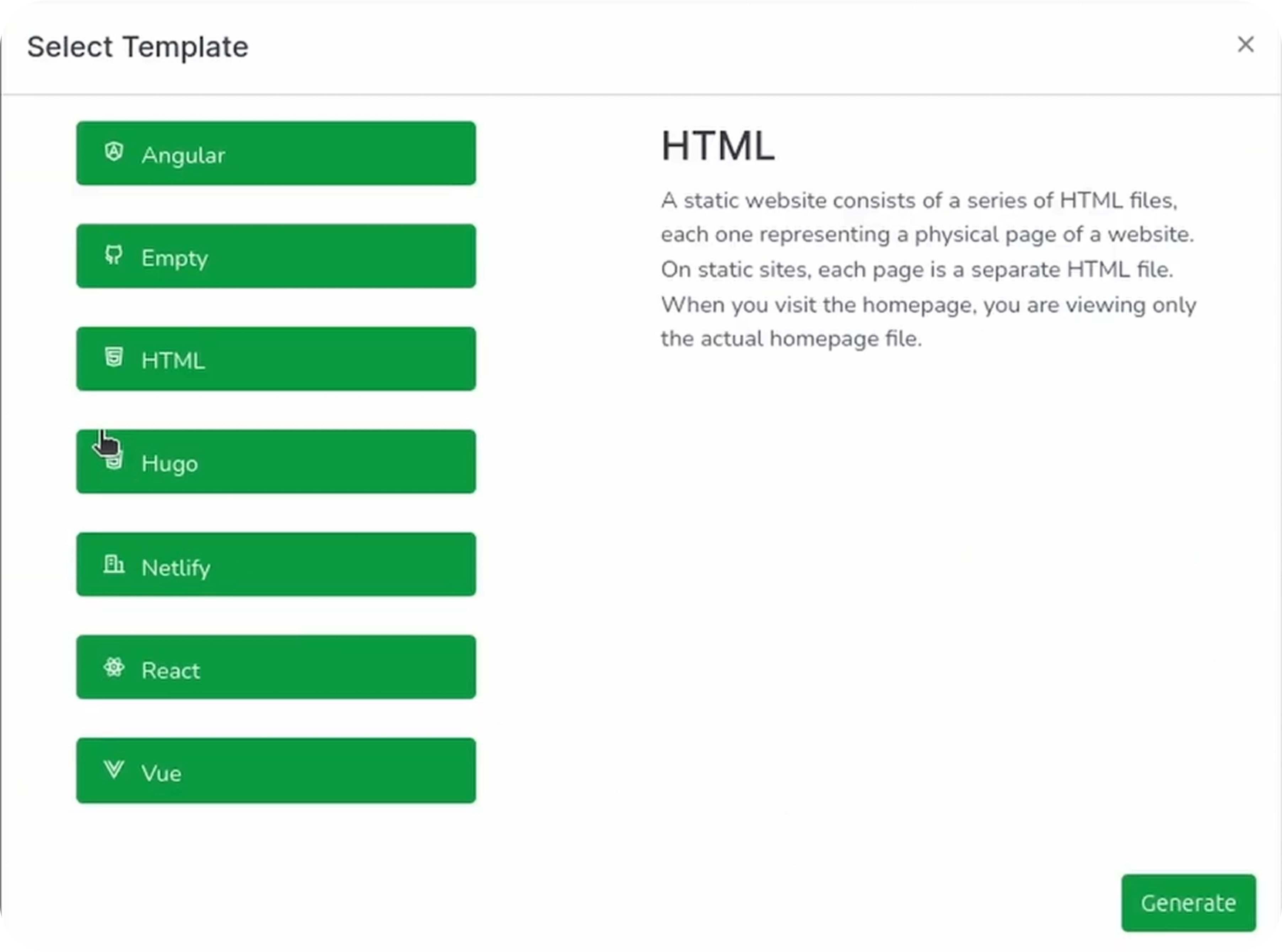 Selecting a website template